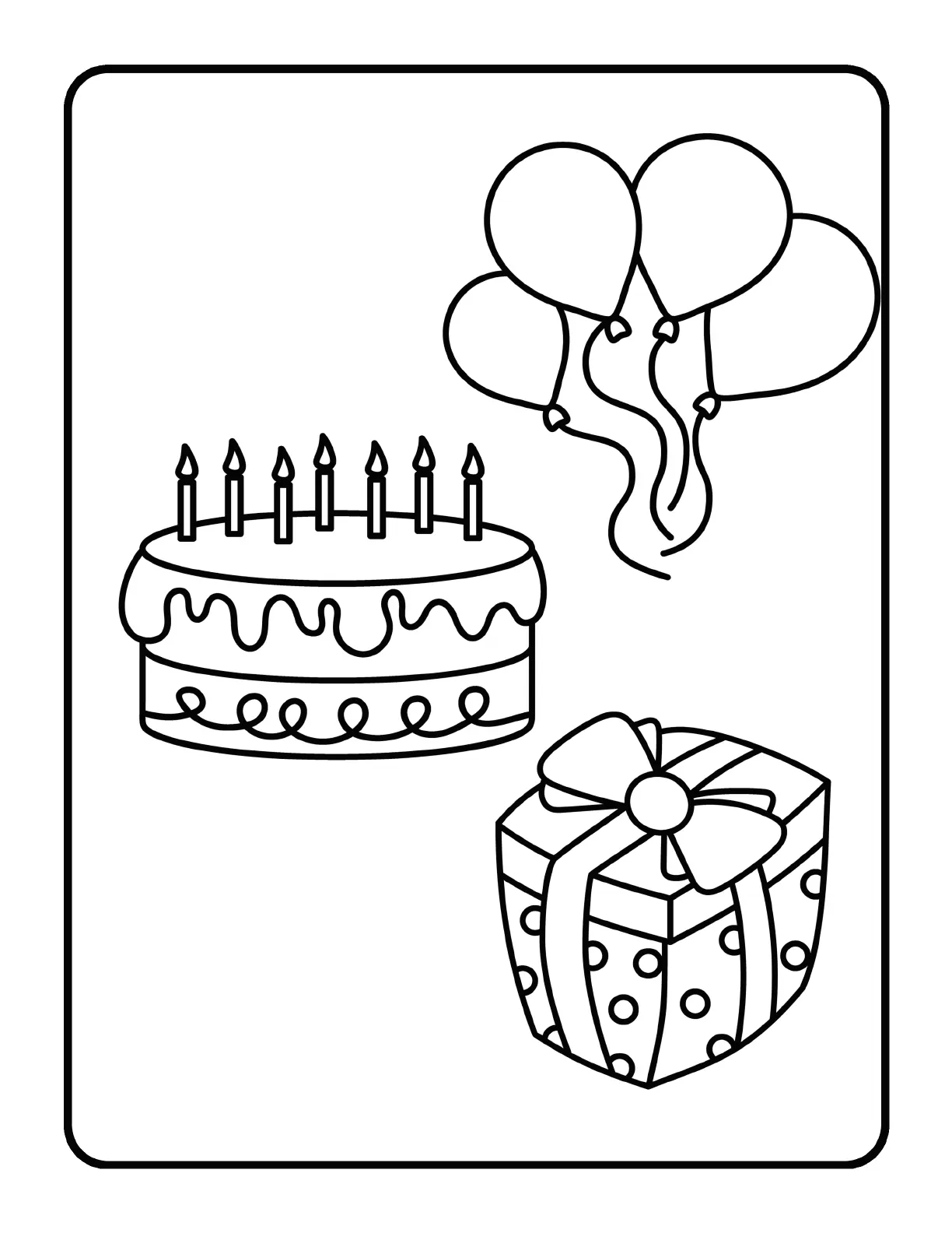 Sample dementia coloring page showing a birthday cake, balloons and a wrapped present in bold black outlines
