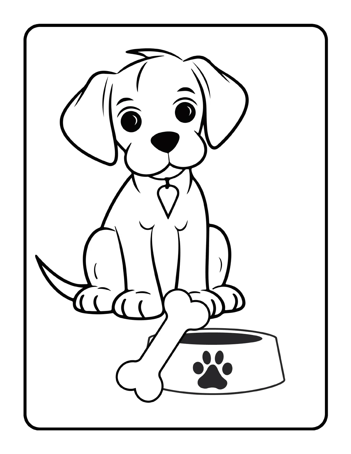 Sample dementia coloring page showing a friendly puppy, a bone and a food bowl in bold black outlines