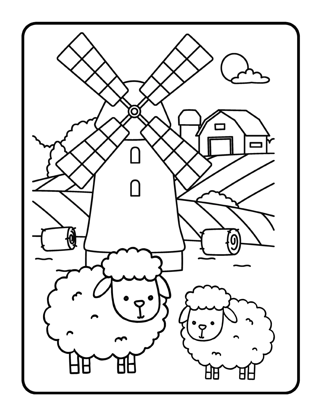 Sample dementia coloring page showing a countryside windmill, farm buildings and two sheep in bold black outlines