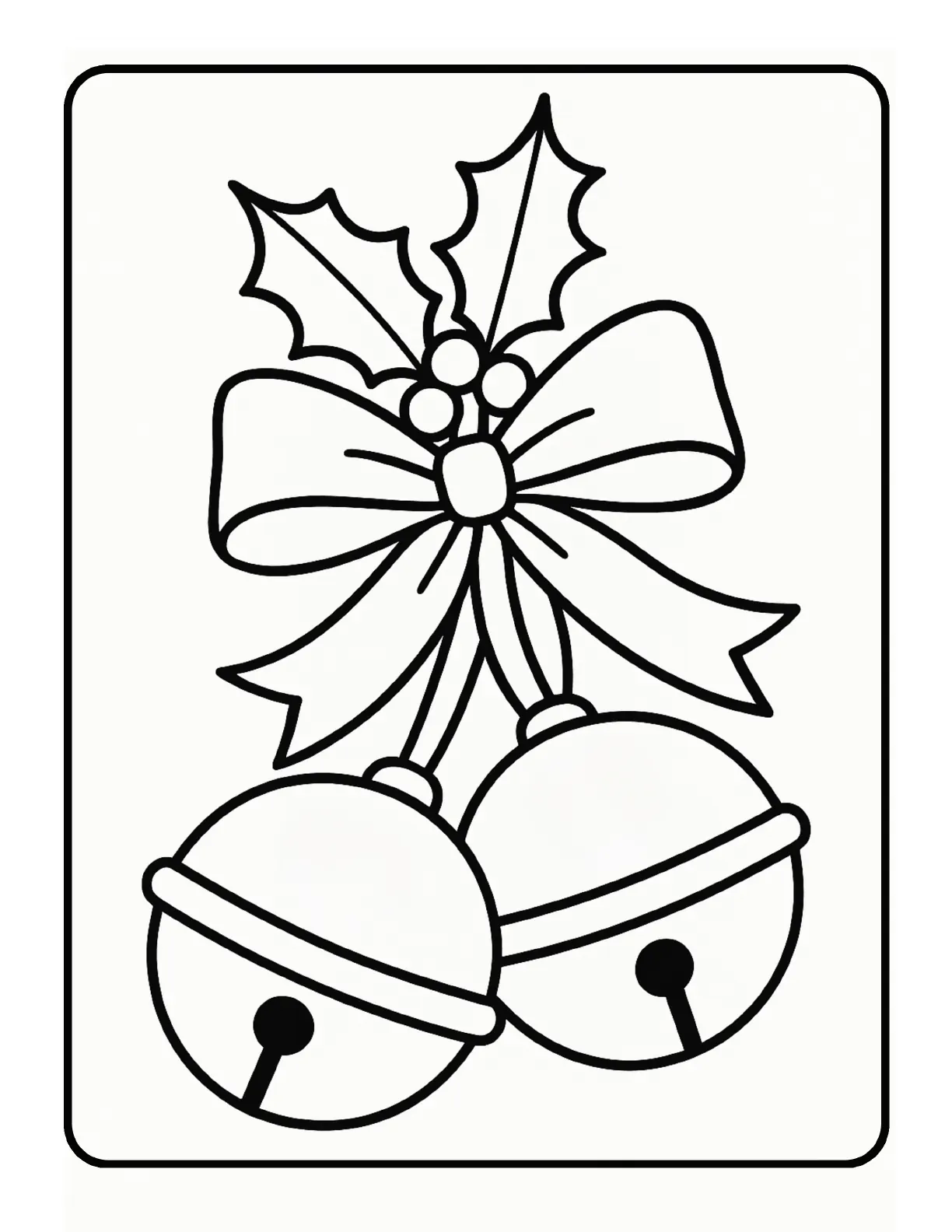 Sample Christmas coloring page showing two large jingle bells, a bow and holly in bold black outlines