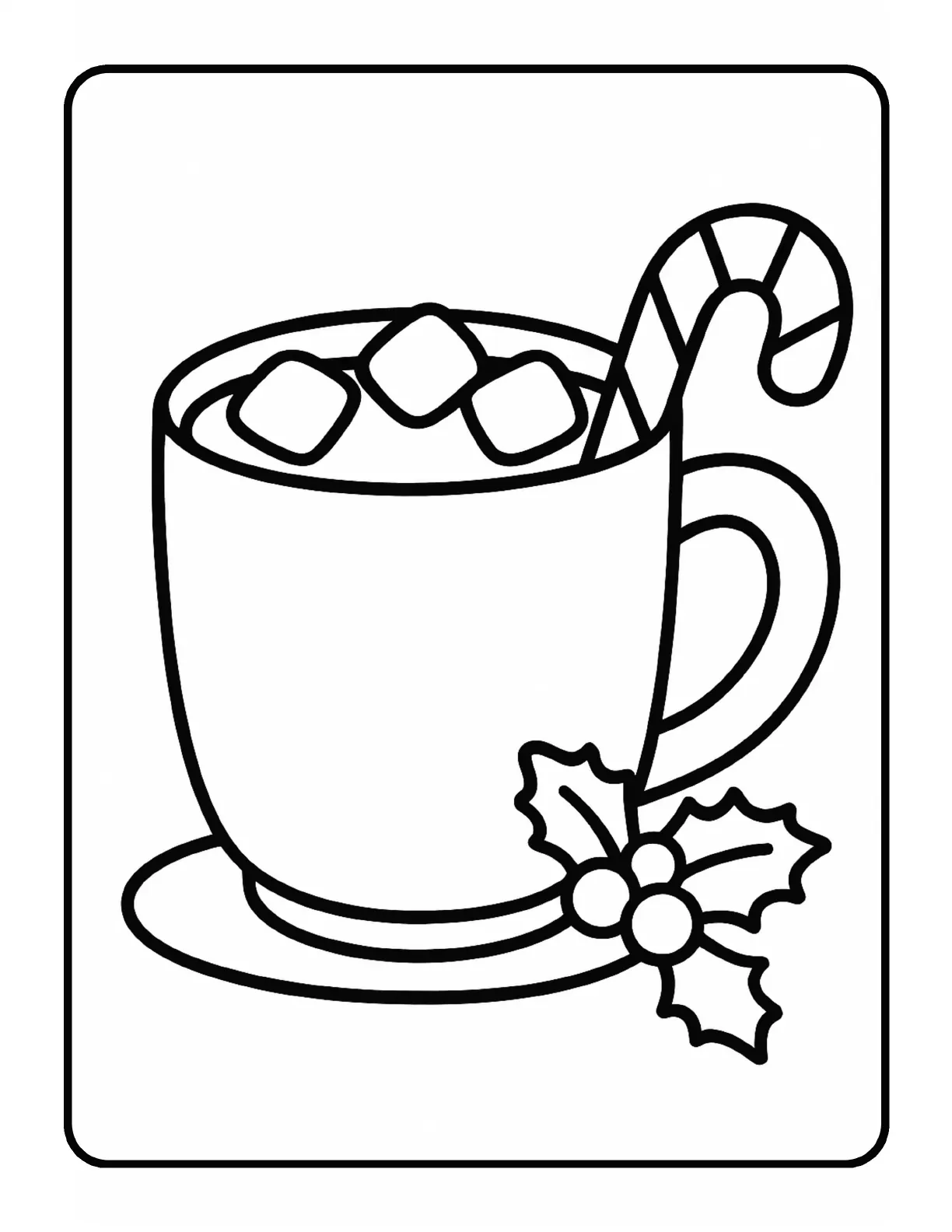 Sample Christmas coloring page showing a cup of hot cocoa, marshmallows, a candy cane and holly in bold black outlines