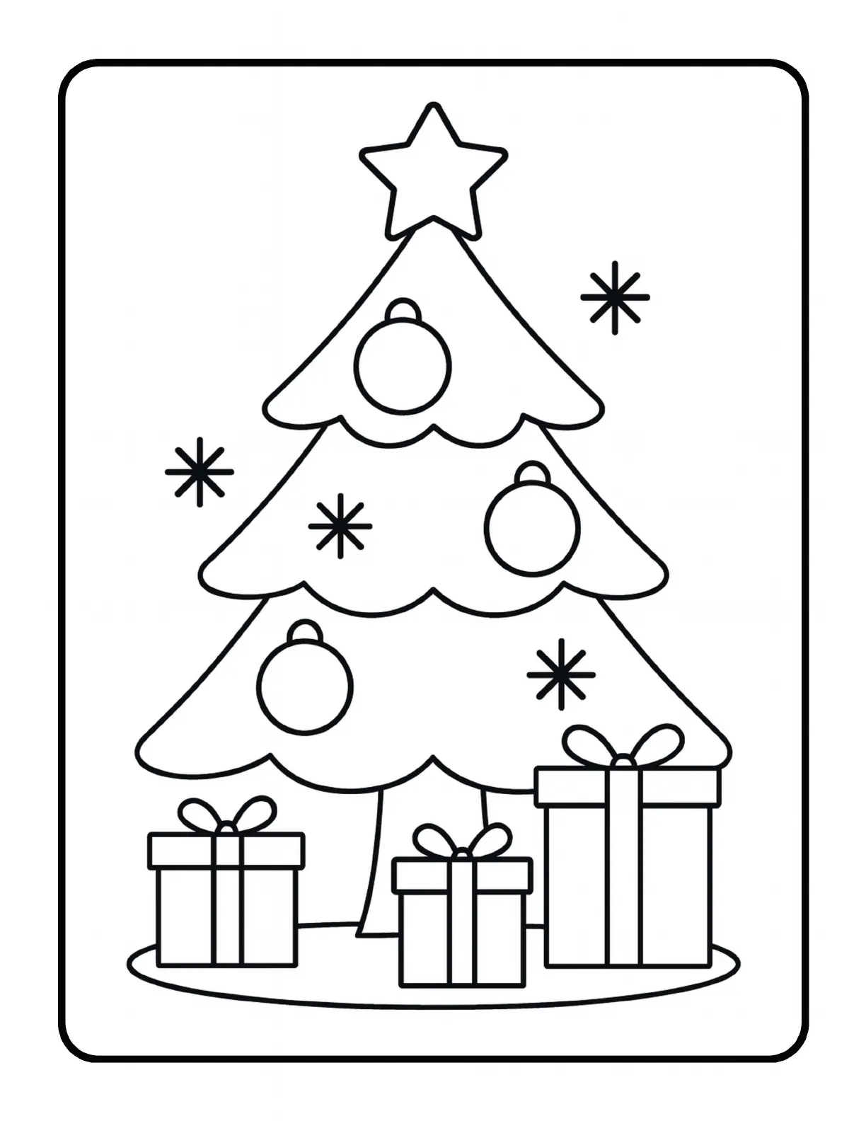 Sample Christmas coloring page showing a decorated tree and wrapped presents in bold black outlines