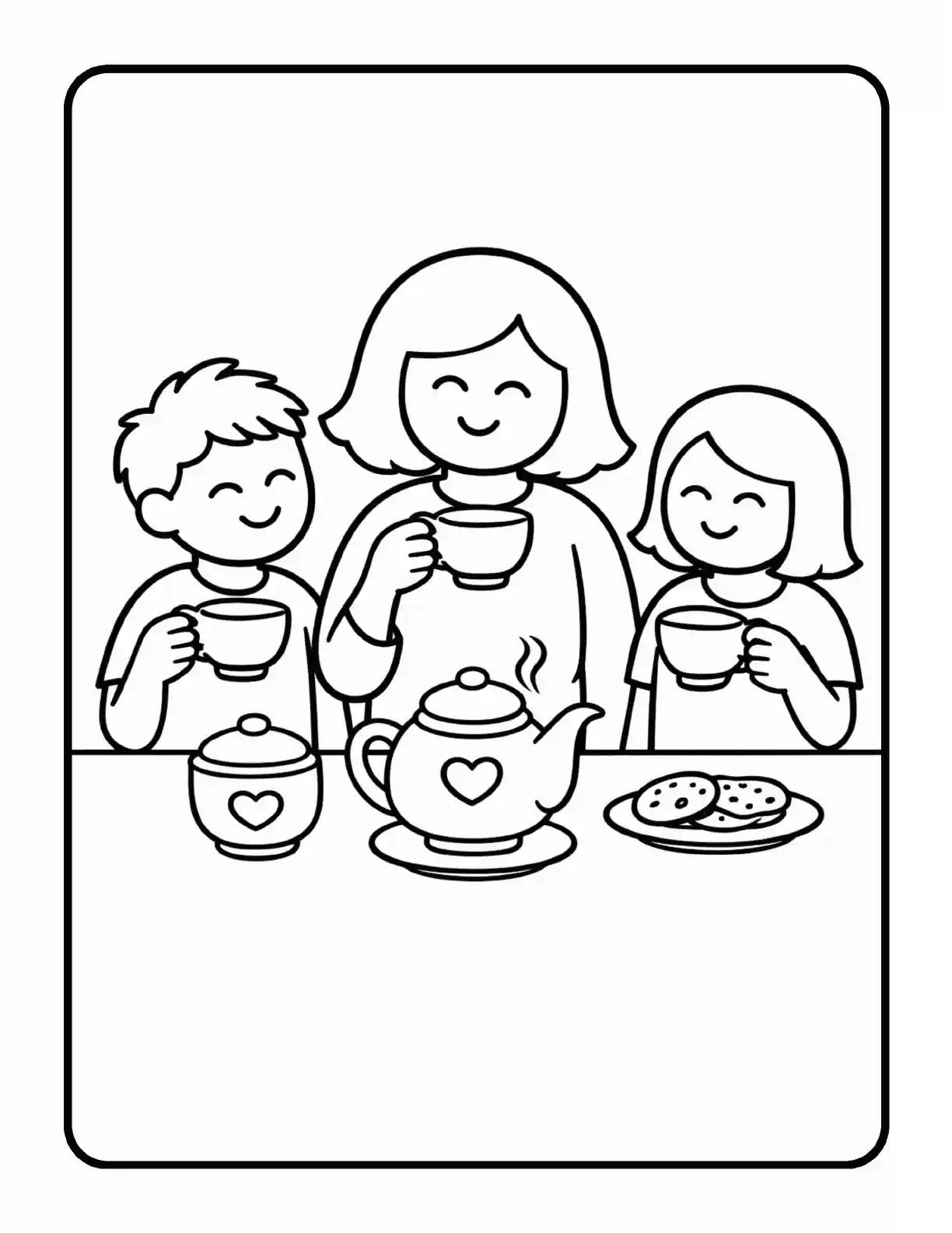 Sample coloring page showing a mom sharing tea and cookies with two children in bold black outlines