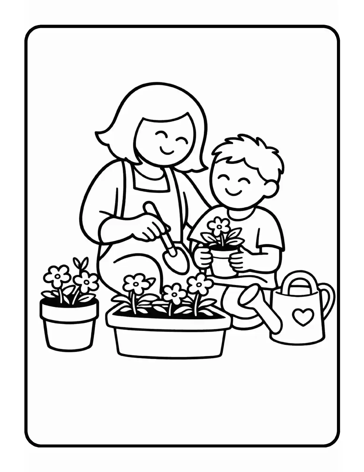 Sample coloring page showing a mom and child planting flowers together in bold black outlines