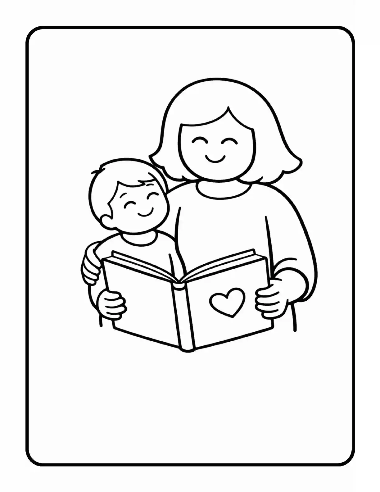 Sample coloring page showing a mom and child reading a book together in bold black outlines