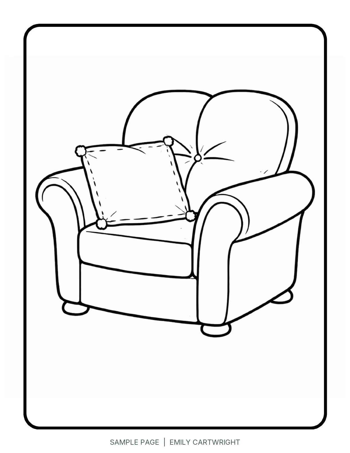 Sample coloring page showing a comfortable armchair with a cushion in bold black outlines