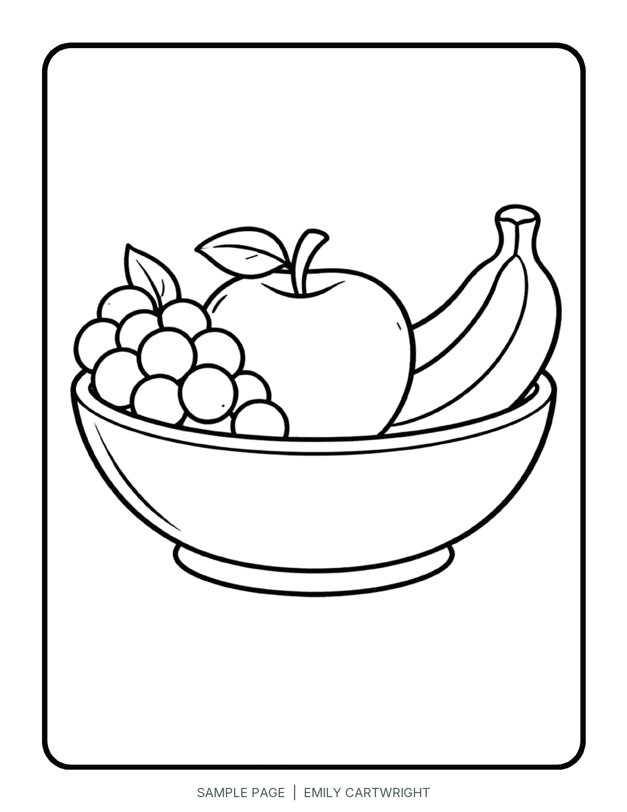 Sample coloring page showing a bowl with grapes, an apple and bananas in bold black outlines