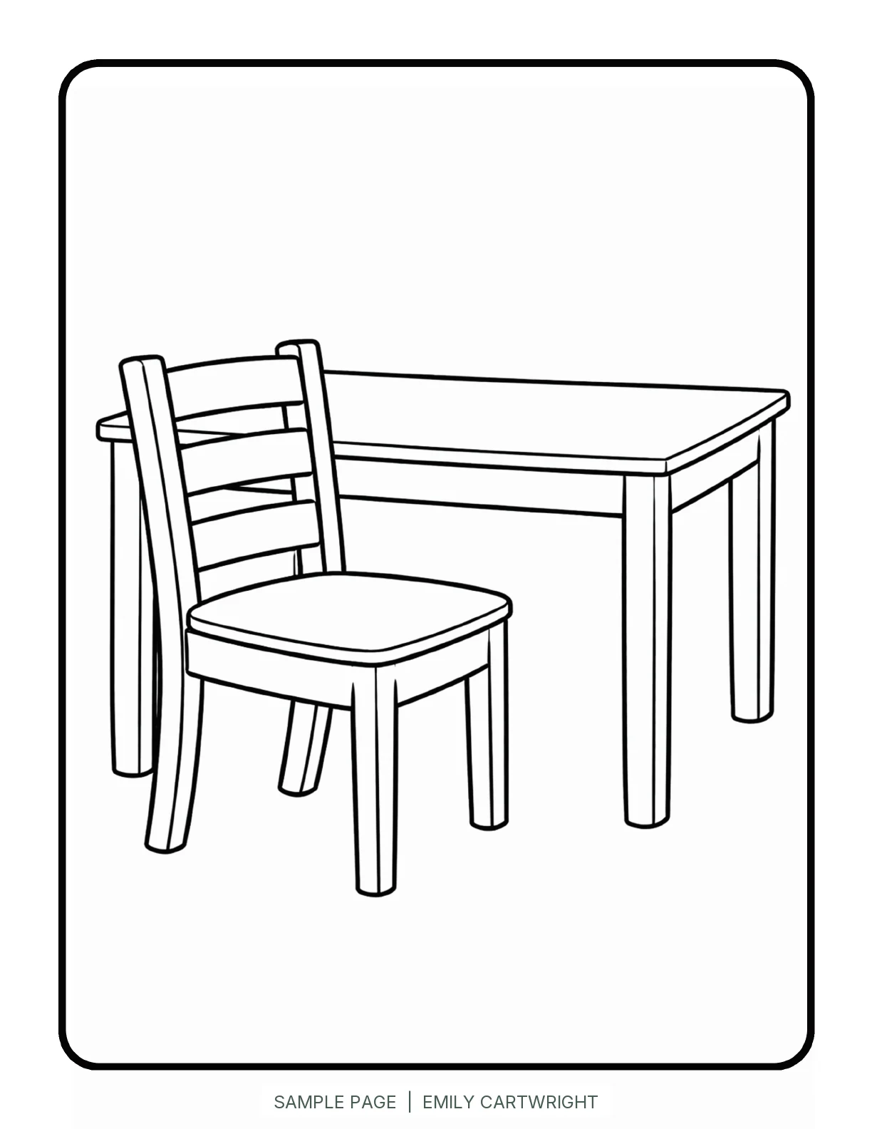 Sample coloring page showing a dining table and chair in bold black outlines