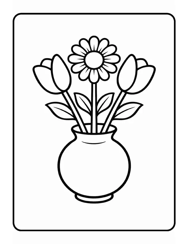 Sample flower coloring page showing a simple bouquet of flowers in a vase in bold black outlines
