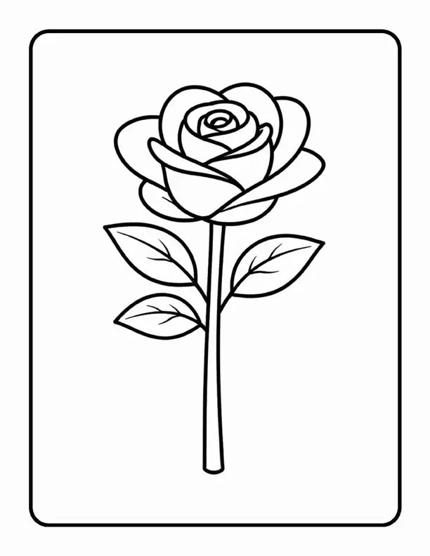 Sample flower coloring page showing a rose with leaves in bold black outlines