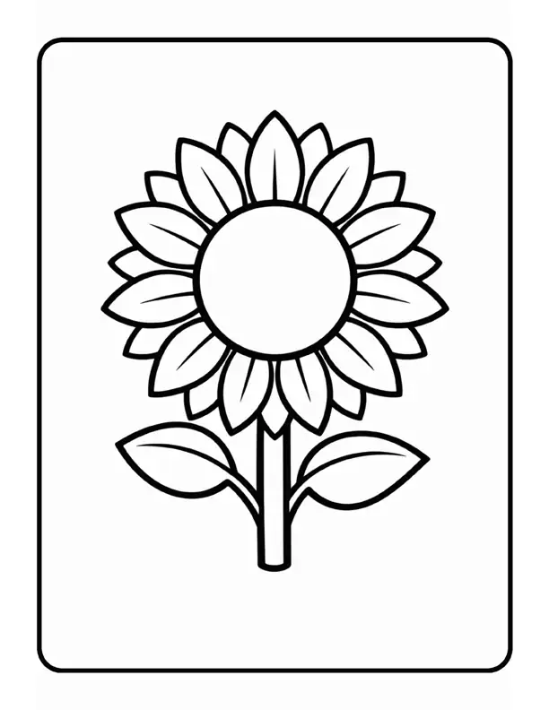 Sample flower coloring page showing a sunflower with layered petals and leaves in bold black outlines