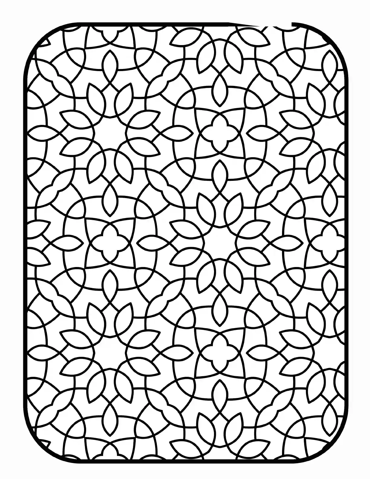 Sample pattern coloring page showing interlaced flowers and leaves in bold black outlines