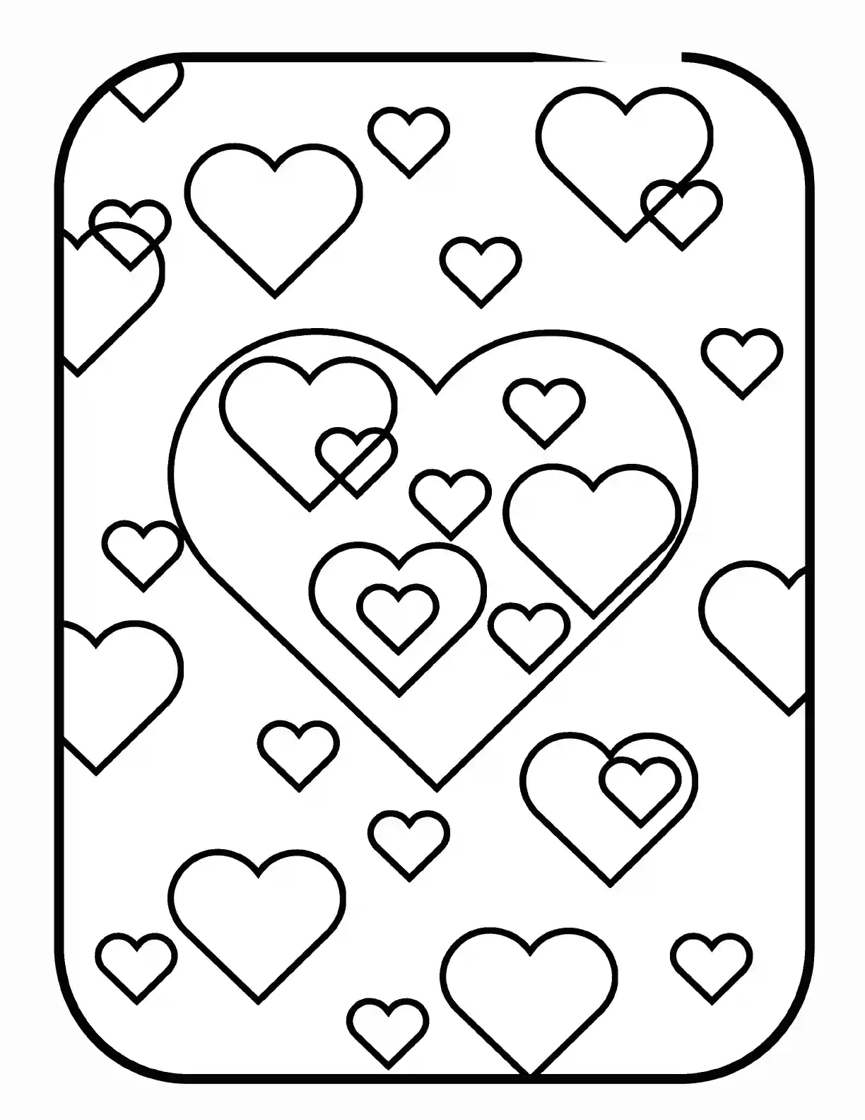 Sample pattern coloring page filled with overlapping hearts in bold black outlines