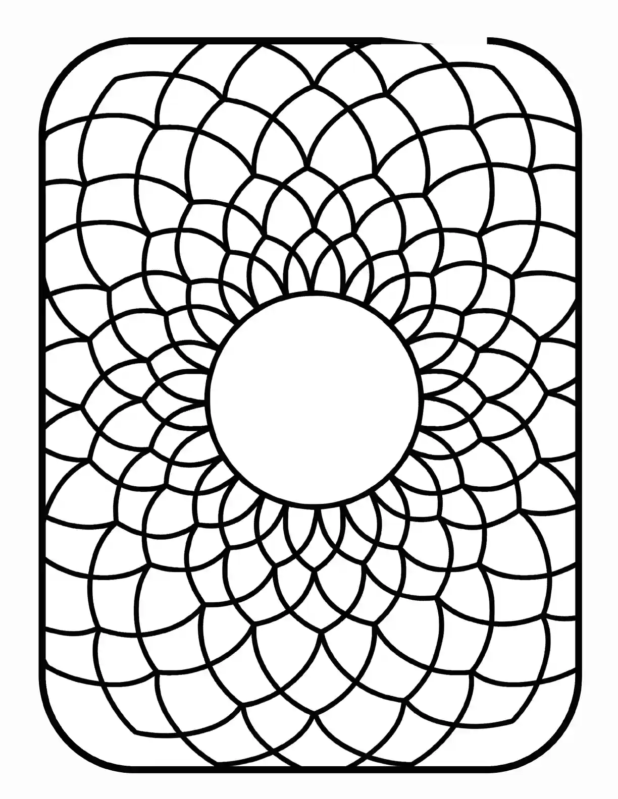 Sample pattern coloring page showing a radiating geometric flower in bold black outlines
