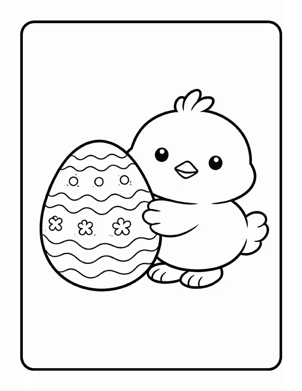 Sample spring coloring page showing a chick holding a decorated Easter egg in bold black outlines