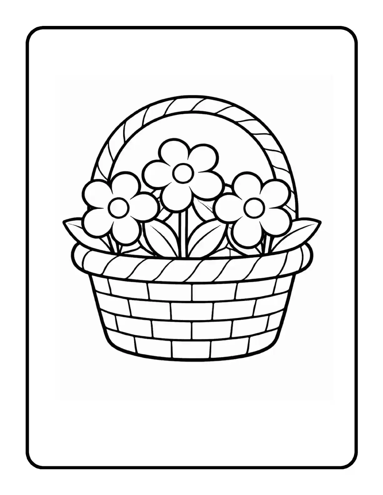 Sample spring coloring page showing a woven basket filled with flowers in bold black outlines