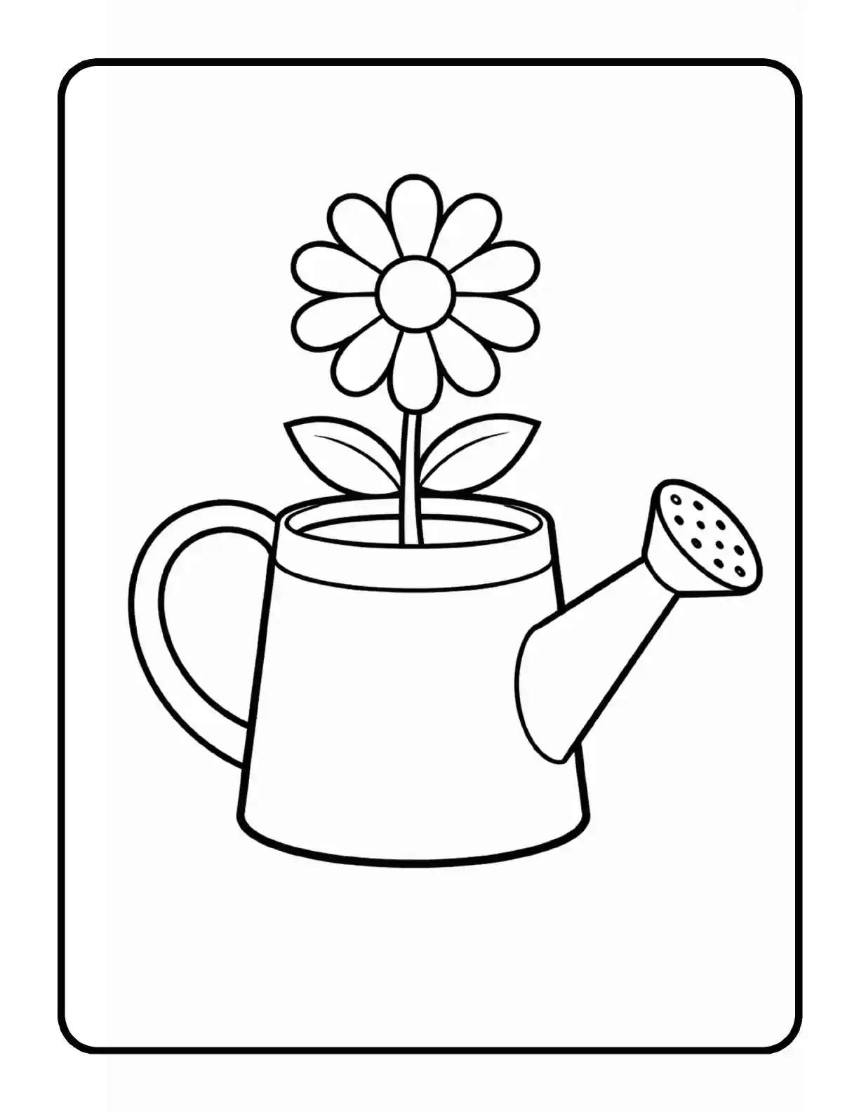 Sample spring coloring page showing a watering can with a flower growing inside in bold black outlines