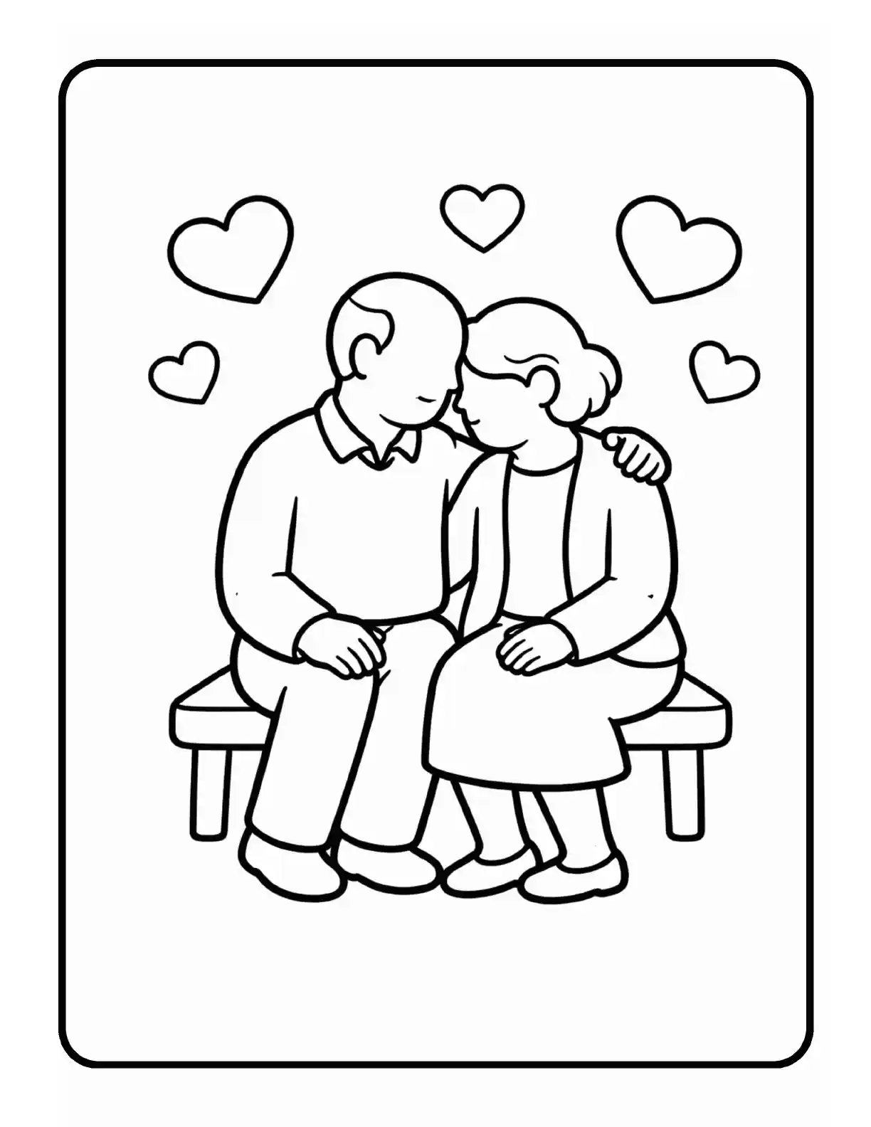 Sample Valentine coloring page showing an older couple sharing a quiet moment on a bench with hearts in bold black outlines