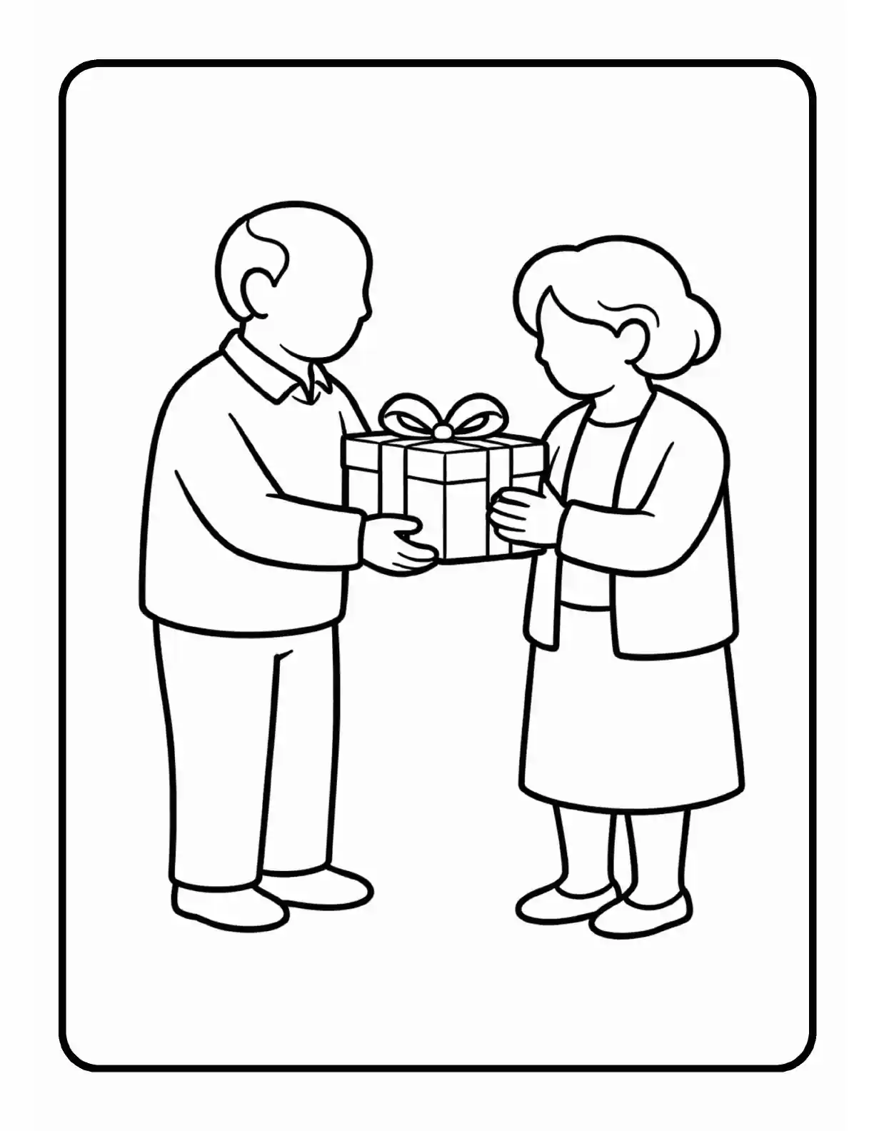 Sample Valentine coloring page showing an older couple exchanging a wrapped gift in bold black outlines