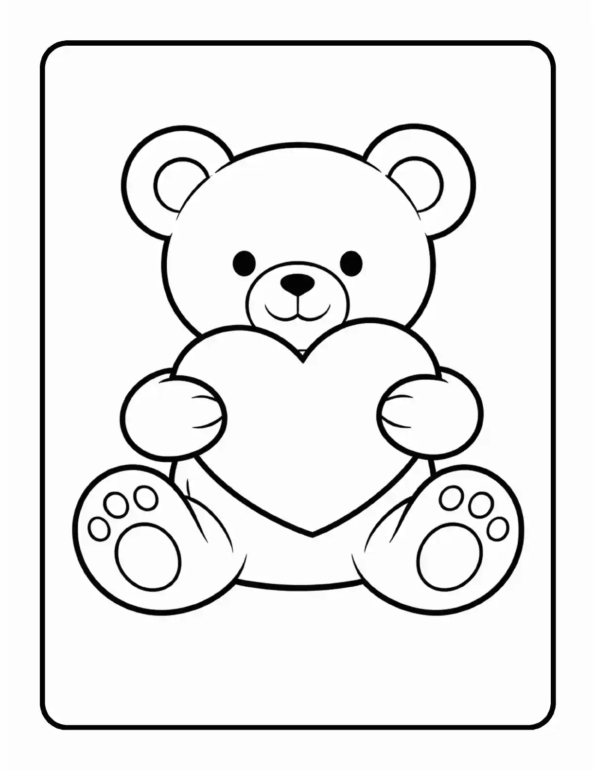 Sample Valentine coloring page showing a teddy bear holding a large heart in bold black outlines