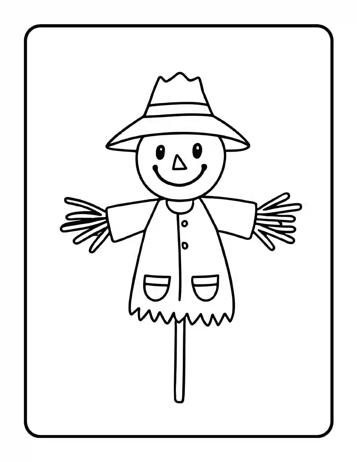 Sample Thanksgiving coloring page showing a friendly scarecrow in bold black outlines