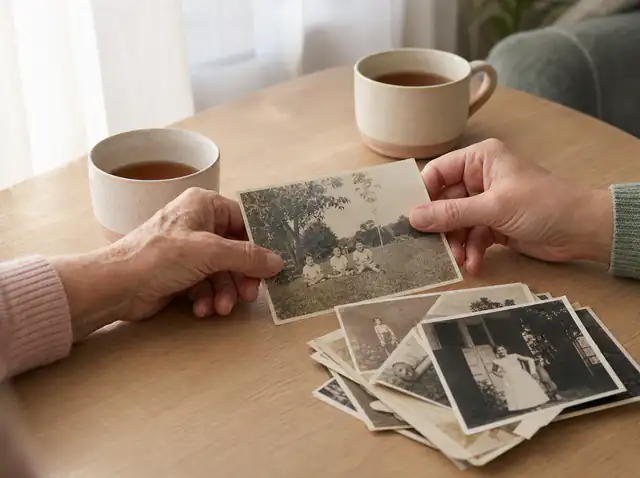 An older adult and caregiver holding a familiar family photograph together