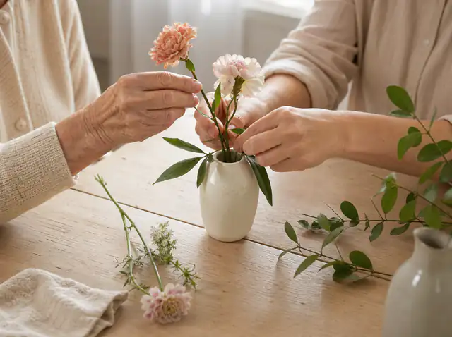 An older adult and caregiver arranging a few flowers together