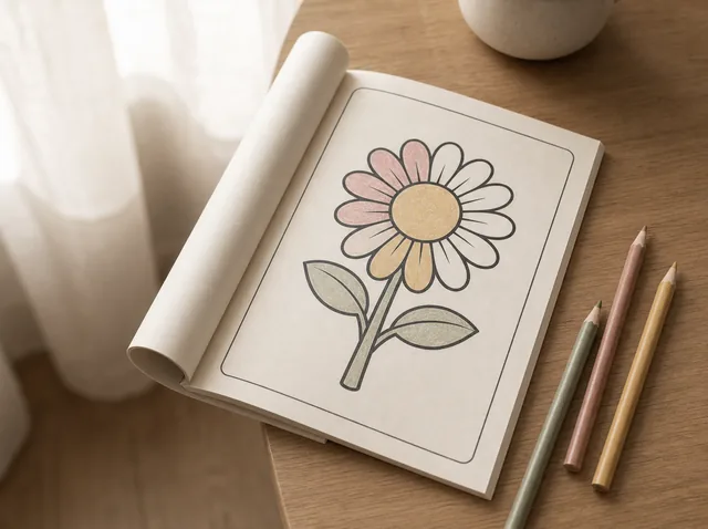 A daisy coloring page partly colored in blush, ochre and sage