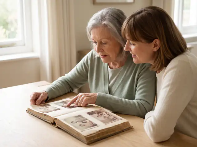An older woman and her caregiver sharing memories over a family album
