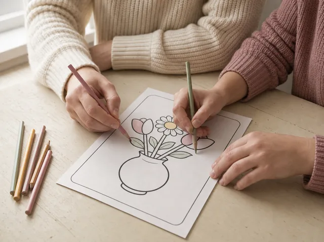 Two people coloring a vase of flowers together