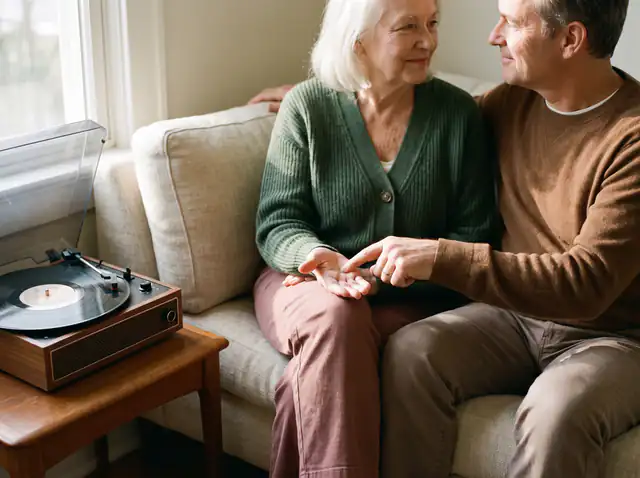 An older woman and caregiver listening to a familiar record together